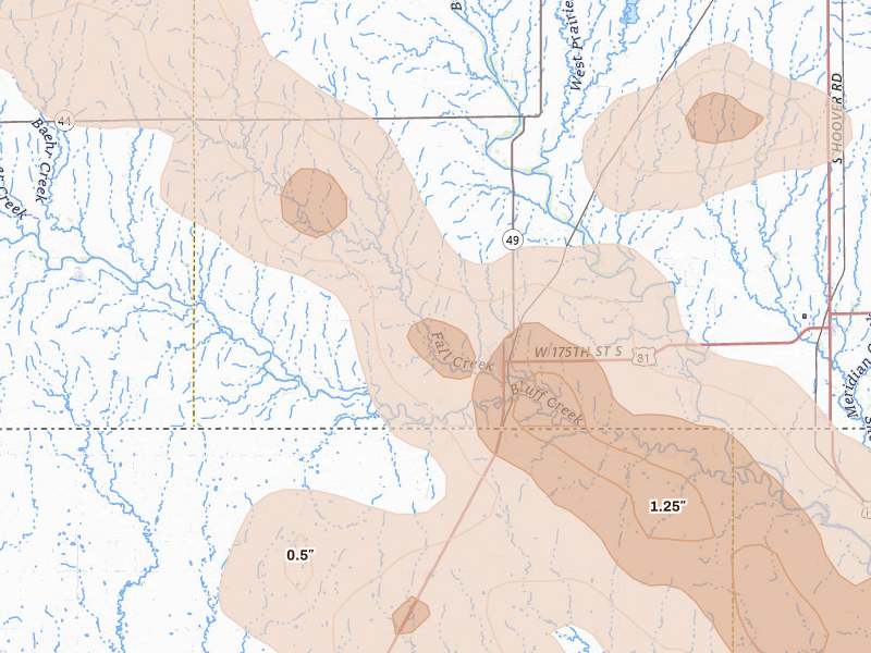 Radar-estimated hail-size map of the storm over Caldwell, KS