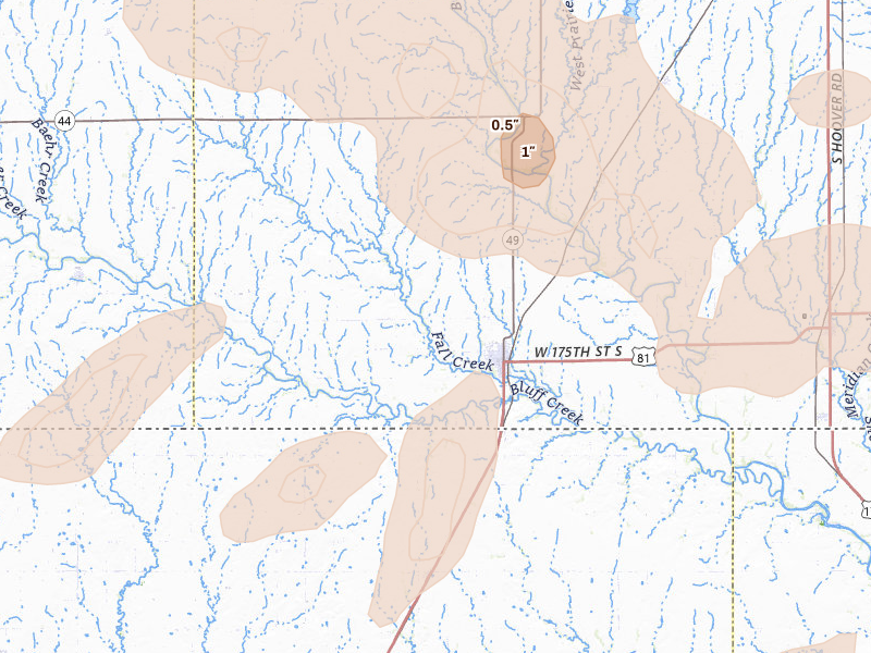 Radar-estimated hail-size map of the storm over Caldwell, KS on Jun 25, 2026