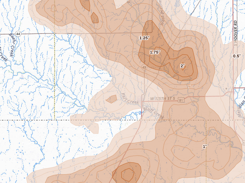 Radar-estimated hail-size map of the storm over Caldwell, KS on Jul 4, 2026