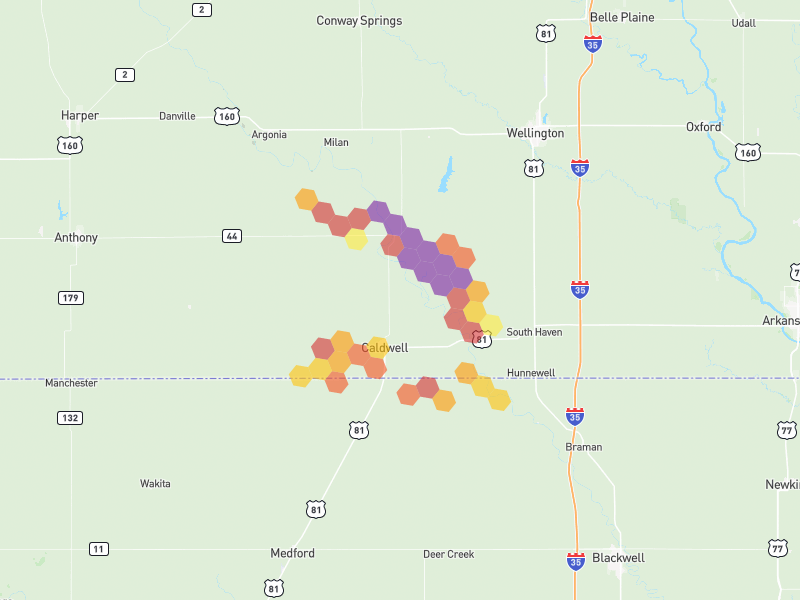 Hail map of Caldwell, KS on Jul 4, 2026, hail up to 3.25"