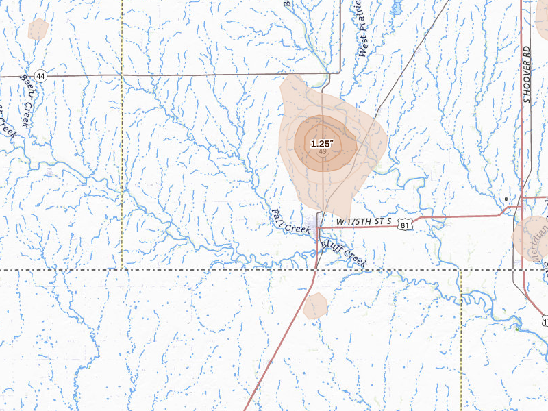 Radar-estimated hail-size map of the storm over Caldwell, KS on Jul 11, 2026