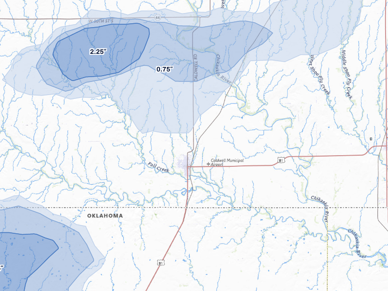 NEXRAD radar-signature map of the hail storm over Caldwell, KS on Aug 6, 2026