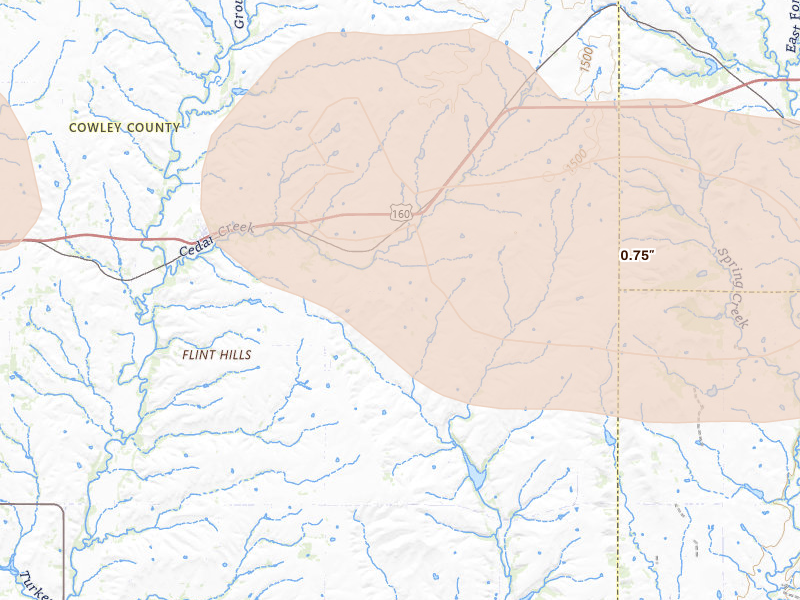 Radar-estimated hail-size map of the storm over Cambridge, KS on Apr 25, 2026