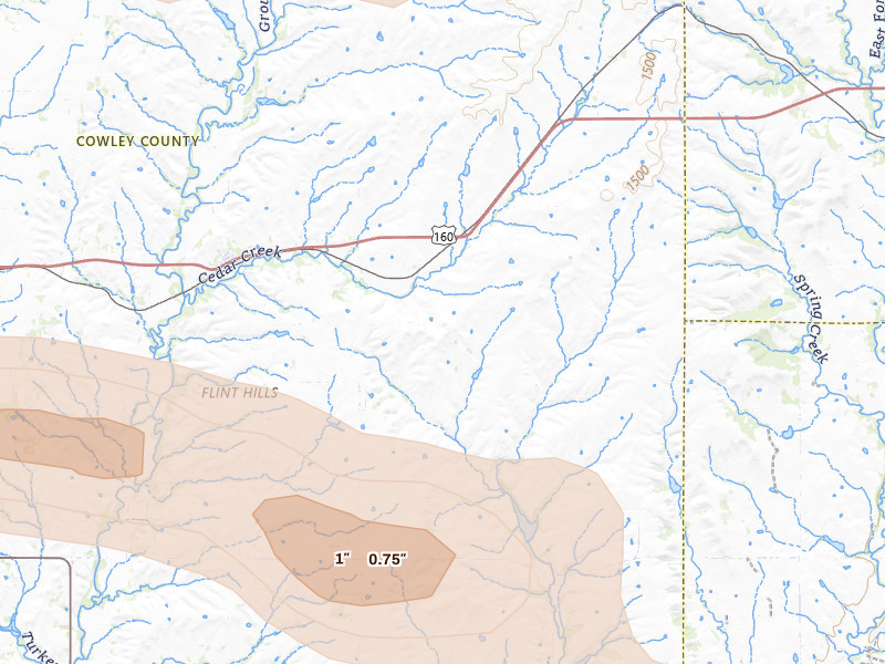 Radar-estimated hail-size map of the storm over Cambridge, KS on Jun 18, 2026