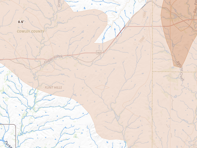 Radar-estimated hail-size map of the storm over Cambridge, KS on Jul 4, 2026