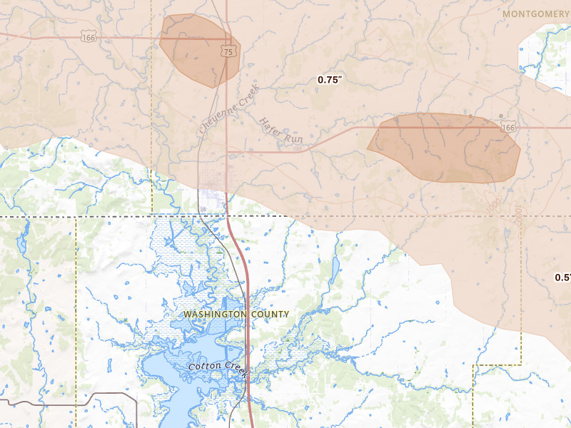 Radar-estimated hail-size map of the storm over Caney, KS on Apr 25, 2026