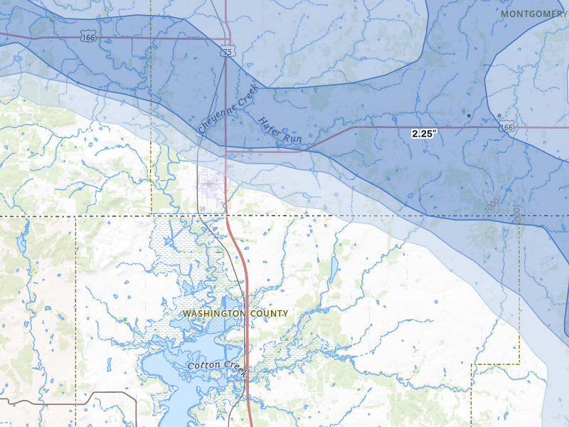 NEXRAD radar-signature map of the hail over Caney, KS