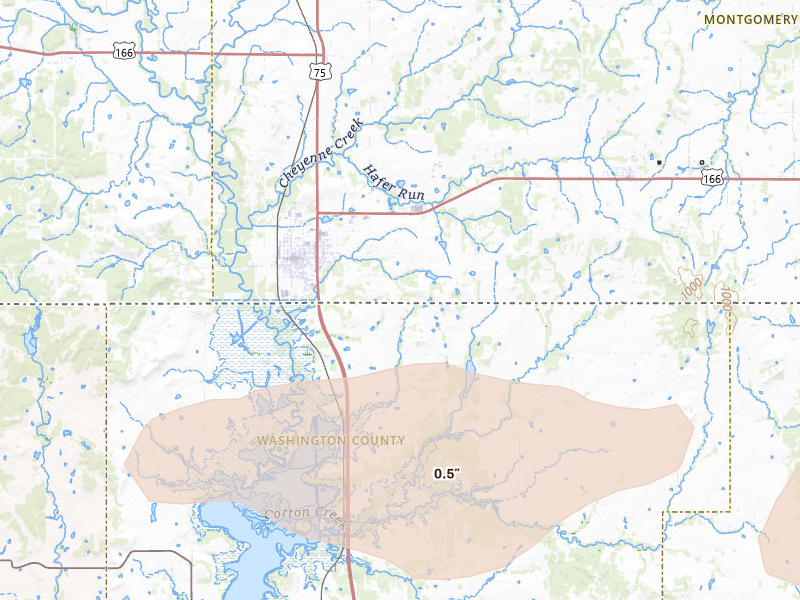 Radar-estimated hail-size map of the storm over Caney, KS on May 4, 2026