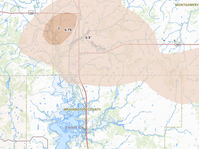 Radar-estimated hail-size map of the storm over Caney, KS on Jun 26, 2026