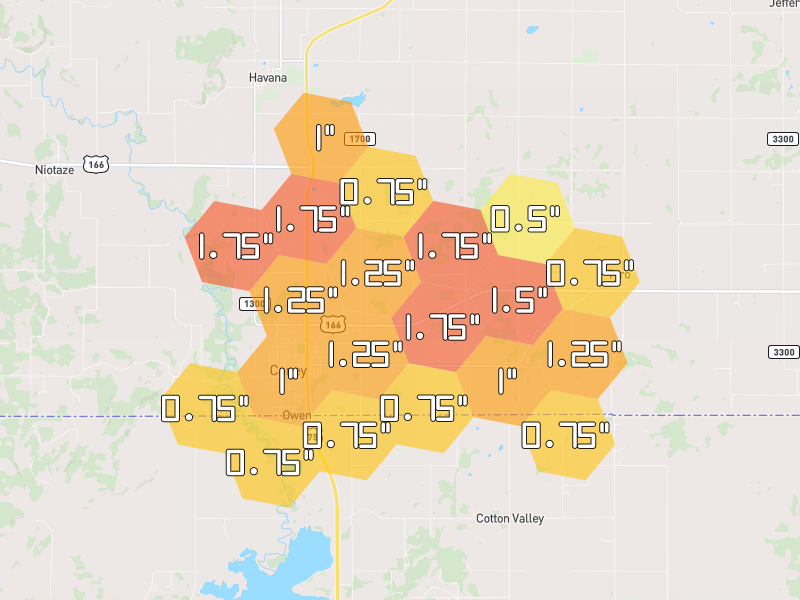 Hail map of Caney, KS on Jun 27, 2026, hail up to 1.75"