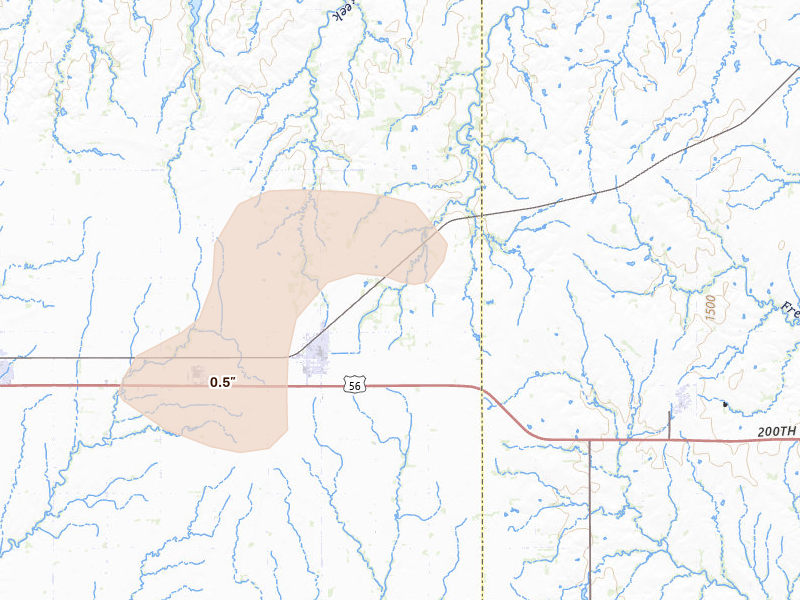 Radar-estimated hail-size map of the storm over Canton, KS on Mar 5, 2026