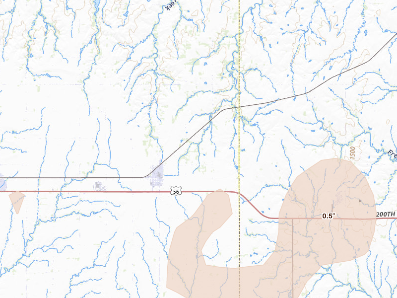 Radar-estimated hail-size map of the storm over Canton, KS on Mar 6, 2026
