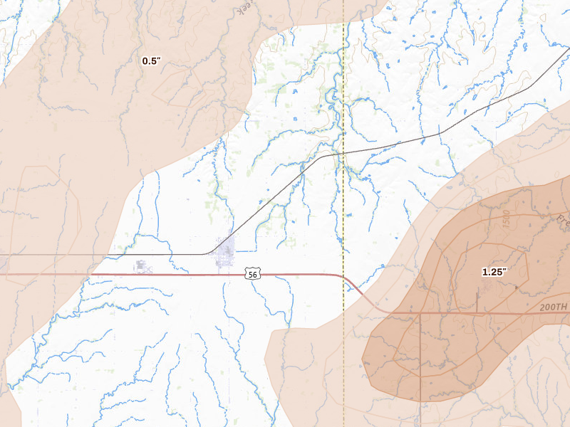Radar-estimated hail-size map of the storm over Canton, KS on Apr 23, 2026