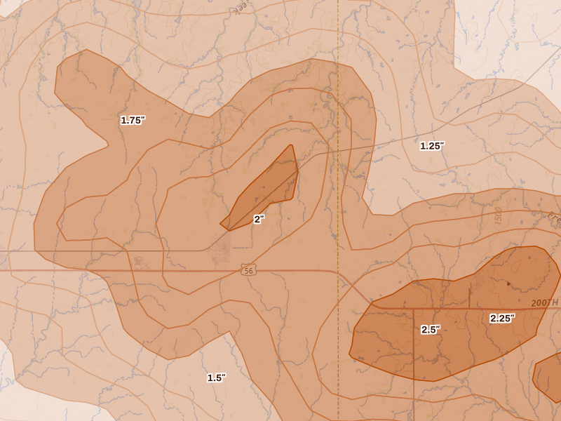 Radar-estimated hail-size map of the storm over Canton, KS on Apr 26, 2026