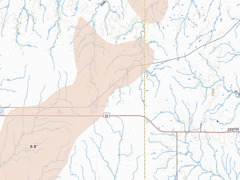 Radar-estimated hail-size map of the storm over Canton, KS on May 18, 2026