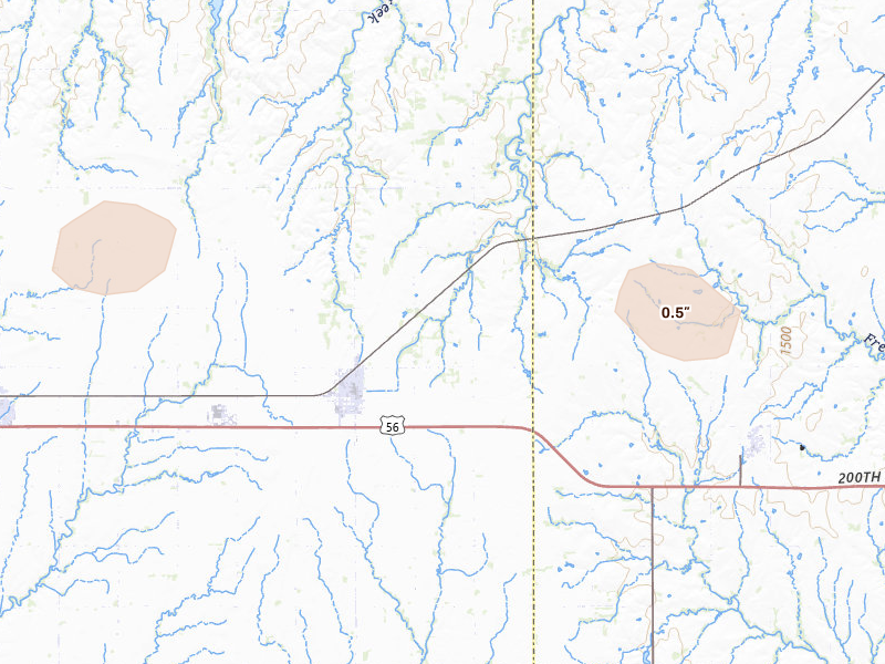 Radar-estimated hail-size map of the storm over Canton, KS on Jul 4, 2026