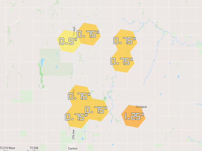 Hail map of Canton, KS on Jul 4, 2026, hail up to 1.25"