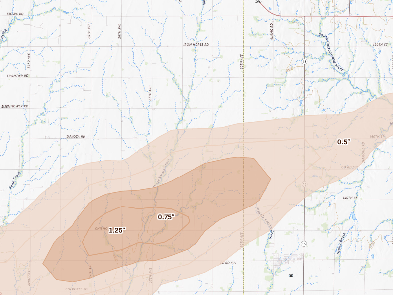Radar-estimated hail-size map of the storm over Canton, KS