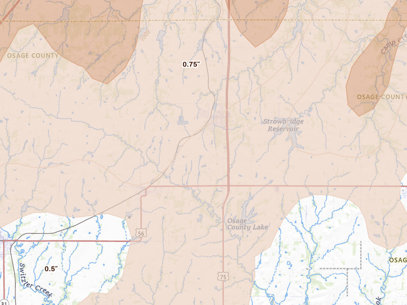 Radar-estimated hail-size map of the storm over Carbondale, KS on Apr 26, 2026