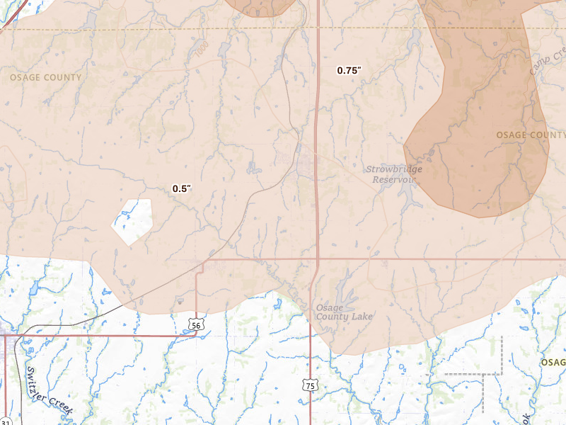 Radar-estimated hail-size map of the storm over Carbondale, KS on Jun 8, 2026