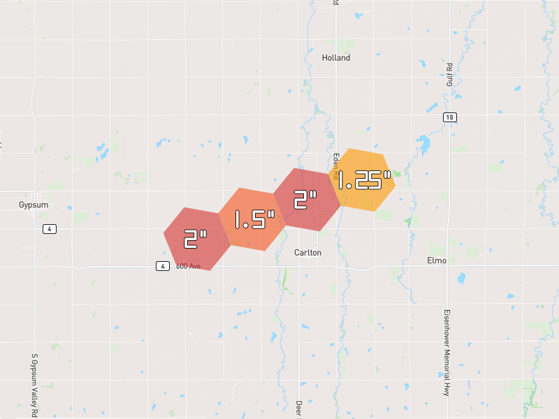 Hail map of Carlton, KS on Jun 1, 2026, hail up to 2"