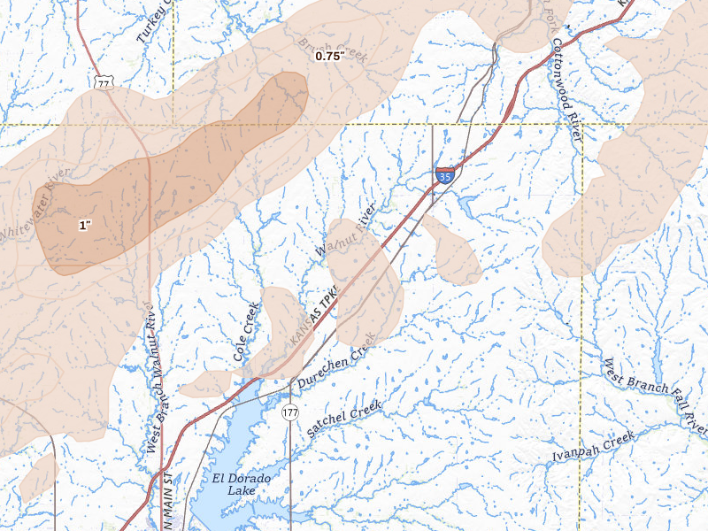 Radar-estimated hail-size map of the storm over Cassoday, KS on Apr 17, 2026