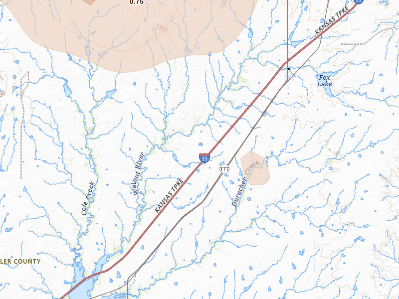 Radar-estimated hail-size map of the storm over Cassoday, KS on Aug 6, 2026