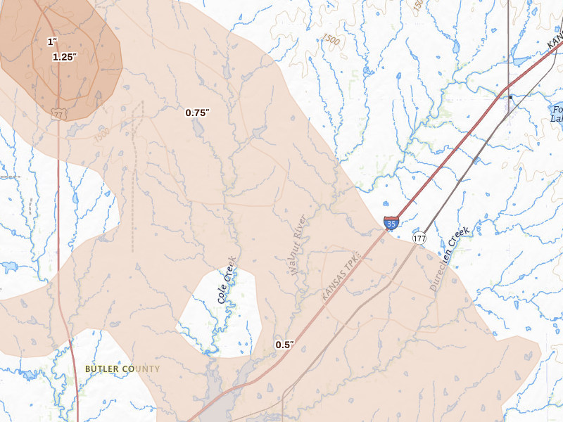 Radar-estimated hail-size map of the storm over Cassoday, KS on Aug 7, 2026