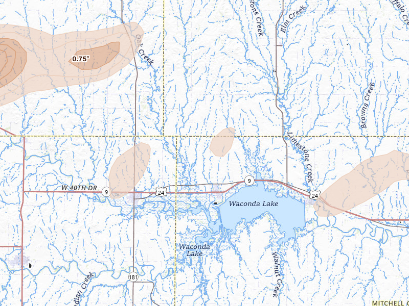 Radar-estimated hail-size map of the storm over Cawker City, KS on Apr 25, 2026