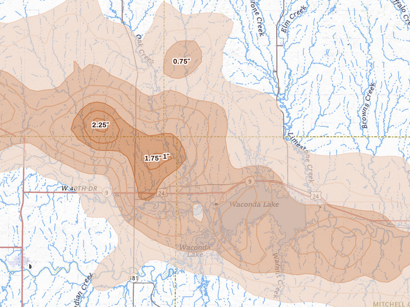 Radar-estimated hail-size map of the storm over Cawker City, KS on Jun 8, 2026