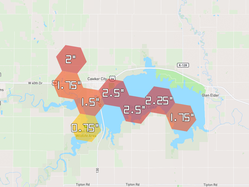 Hail map of Cawker City, KS on Jun 9, 2026, hail up to 2.5"