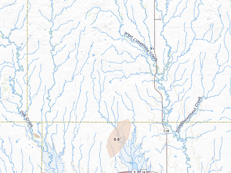 Radar-estimated hail-size map of the storm over Cawker City, KS on Aug 14, 2026