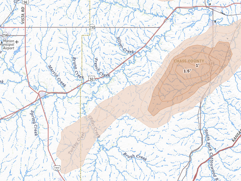 Radar-estimated hail-size map of the storm over Cedar Point, KS on Apr 13, 2026