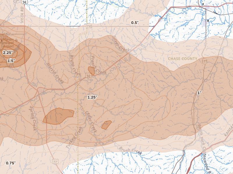 Radar-estimated hail-size map of the storm over Cedar Point, KS on Apr 23, 2026