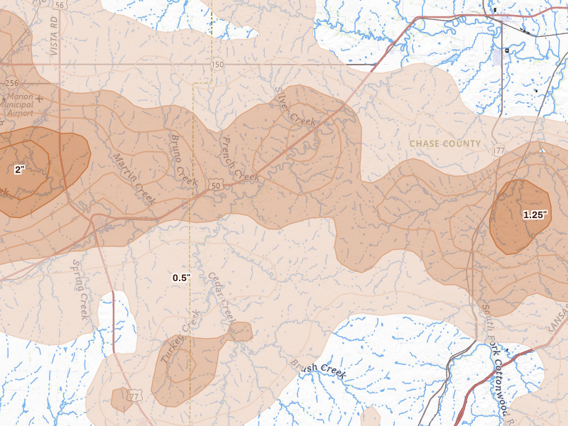 Radar-estimated hail-size map of the storm over Cedar Point, KS on Apr 26, 2026