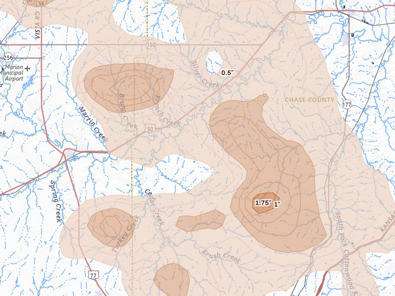 Radar-estimated hail-size map of the storm over Cedar Point, KS on Aug 6, 2026
