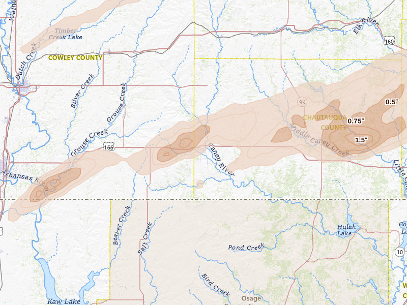 Radar-estimated hail-size map of the storm over Cedar Vale, KS on Apr 3, 2026