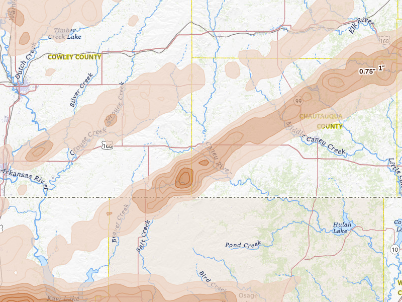 Radar-estimated hail-size map of the storm over Cedar Vale, KS on Apr 17, 2026