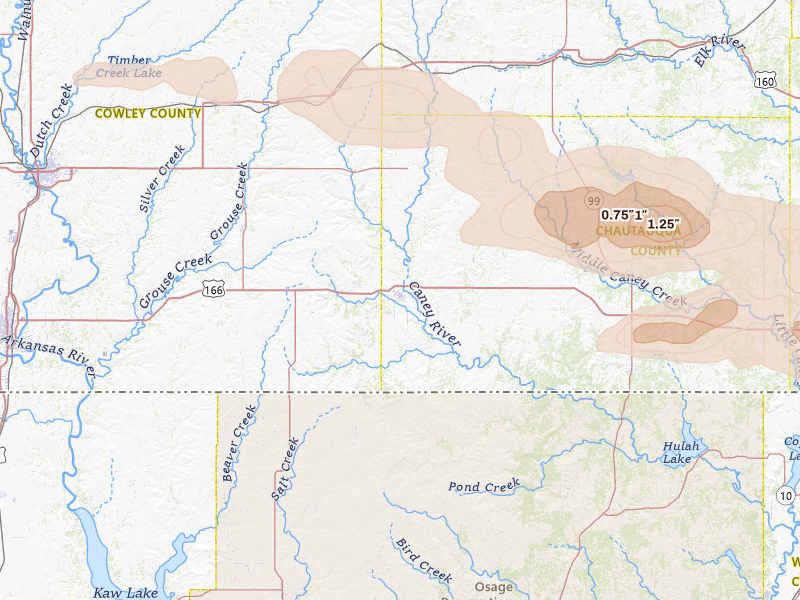 Radar-estimated hail-size map of the storm over Cedar Vale, KS on Apr 25, 2026