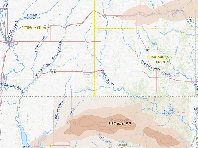 Radar-estimated hail-size map of the storm over Cedar Vale, KS on Apr 26, 2026