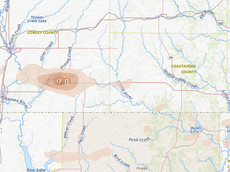 Radar-estimated hail-size map of the storm over Cedar Vale, KS on May 4, 2026