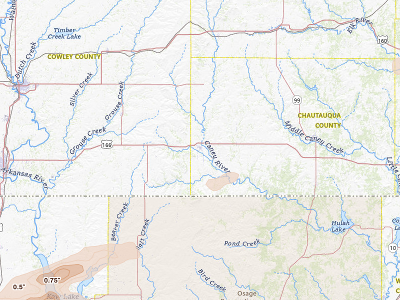 Radar-estimated hail-size map of the storm over Cedar Vale, KS on May 8, 2026