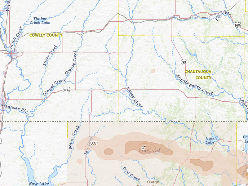 Radar-estimated hail-size map of the storm over Cedar Vale, KS on May 29, 2026