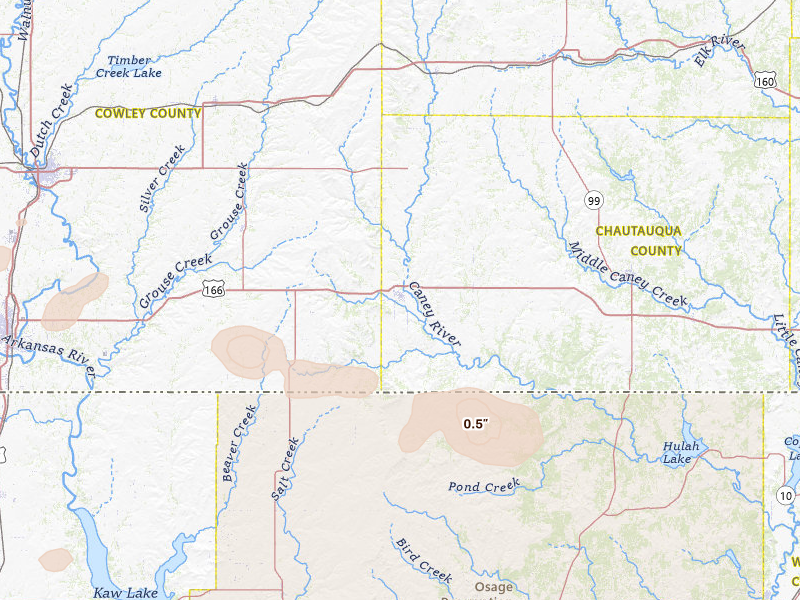 Radar-estimated hail-size map of the storm over Cedar Vale, KS on May 30, 2026