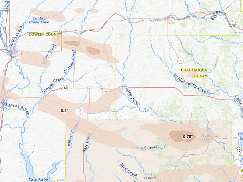 Radar-estimated hail-size map of the storm over Cedar Vale, KS on Jun 18, 2026