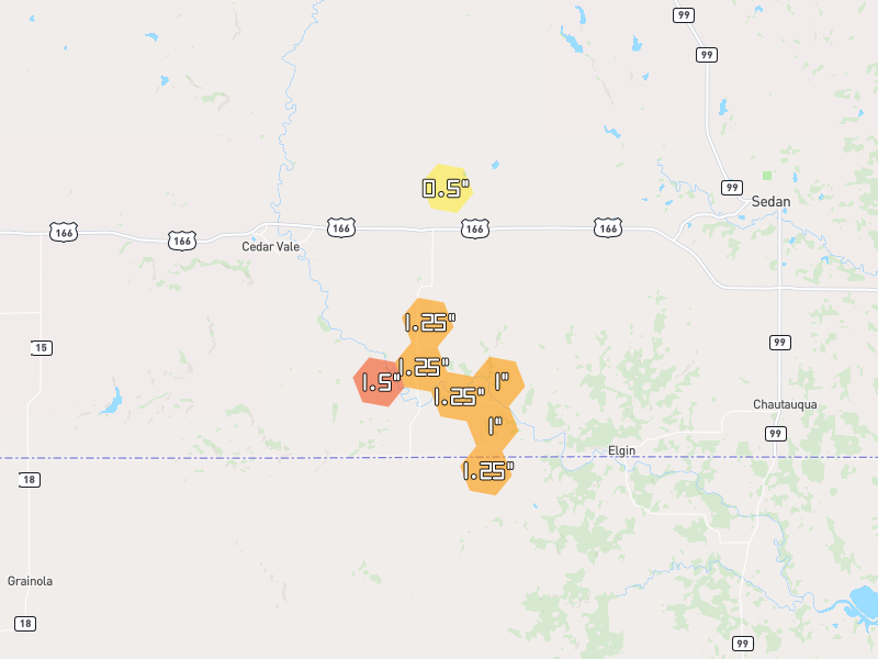 Hail map of Cedar Vale, KS on Jul 5, 2026, hail up to 1.5"