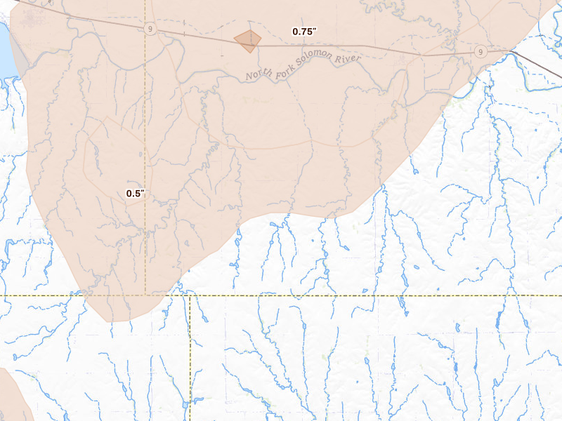 Radar-estimated hail-size map of the storm over Cedar, KS on May 16, 2026