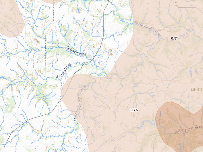 Radar-estimated hail-size map of the storm over Centerville, KS on Apr 26, 2026