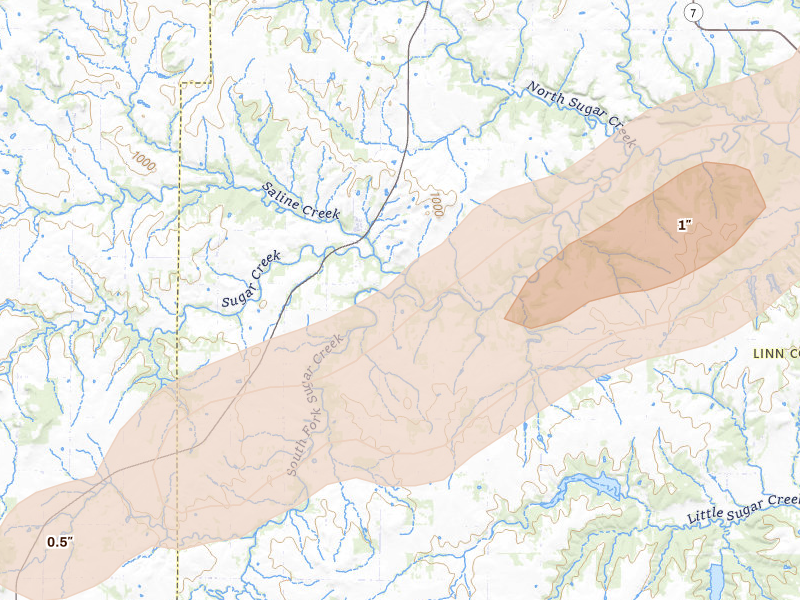 Radar-estimated hail-size map of the storm over Centerville, KS on Apr 27, 2026