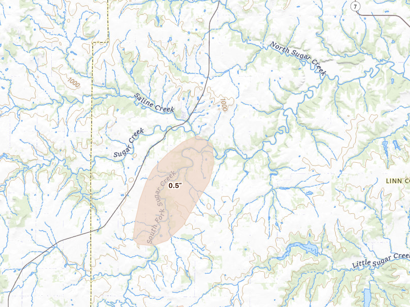 Radar-estimated hail-size map of the storm over Centerville, KS on May 30, 2026